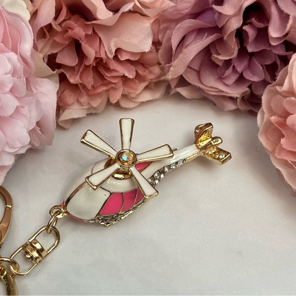 Whimsical Pink and White Crystal Helicopter Keychain Charm - Picture 7 of 16